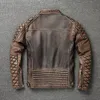 Veste de Moto Vintage en Faux cuir pour hommes, col montant, peau de vache naturelle, couche supérieure classique, costume de Moto, vêtements de motard, 231214