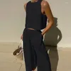 Damen Zweiteilige Hosen 2023 Vintage Lose Strandanzug Sommer Frauen O Hals ärmellose Weste Top breites Bein 2-teilige Sets lässig solide Baumwolle Leinen