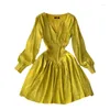 Casual Dresses Vintage Women's Dress Stylish Solid Color Yellow Jacquard Female Satern Sleeve High midje Slim Vestidos 2023 Autumn