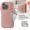 Étui de téléphone de luxe à fermeture éclair pour iPhone 15 Plus 14 13 12 11 Pro Max XS Samsung Galaxy S23 Ultra Lanière Plusieurs emplacements pour cartes Portefeuille en cuir Support de chaîne Couverture arrière