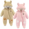 Rompers Cute Plush Bear Baby Romper Autumn Winter Keep Warm Hooded Infant Girl Overall Jumpsuit 3 6 9 12 Months born Boy Clothes 231214