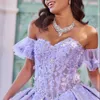 Kochanie Quinceanera Shiny Sukienki koronkowe aplikacje frezowanie zmęczeni z ramion księżniczki suknia balowa słodka 16 liliowa lawenda