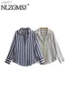 Women's Blouses Shirts TRAF 2023 Autumn Y2K Satin Striped Print Women Casual Blouse V Neck Button-Up Long Sle Fitted Shirt Fe TopL231214