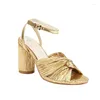 Sandals Extra Big Size 47 48 49 50 Gold Pleated Fabric Twisted Knot Open Toe Party Dress Lady Round High Heels Shoes Buckle Sexy