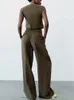Women's Two Piece Pants ZBZA Retro VNeck Sleeveless SingleBreasted Fashion Bottom Shirt Straight WideLeg TwoPiece Set 231214