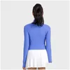 Yoga Outfit L-W028 Chemises à manches longues côtelées Sweat-shirts à demi-zip Chaleur légère Manteau court Longueur de la taille Slim Fit Tops avec Thum Dhgmf