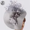 FS Nachahmung Stroh Big Derby Fascinator Hut Für Hochzeit Frauen Weiße Blume Kopfschmuck Stirnband Phantasie Feder Rennen Haar Zubehör 2276b