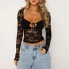 Women's T Shirts Hirigin Floral Lace Shirt Top Long Sleeve Sexy Mesh See Through Tshirts Slim Fit Trim Tee Tops Retro Streetwear