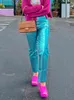 Damesbroek mode metallic flodderige vrouwen sprankelend pu lederen hoge taille rechte broek streetwear reflecterend casual