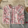 Blusas femininas gagaok 2023 outono inverno doce laço boneca colarinho xadrez manga longa camisa feminina design sentido único topo