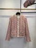 Trenchs de femmes 2023 automne / hiver rose fermeture éclair en peau de mouton boucle col châle coton tweed manteau à manches longues veste cardigan