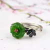 Cluster Rings FNJ 925 Silver Ring for Women Jewelry Original Pure S925 Sterling Rose Flower Natural Hetian Jade Green Stone