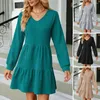 Casual Dresses Lady Dating Mini Dress Stylish Women's V Neck A-line Flattering Pleated Design Soft Solid Color Fabric For Fall/winter