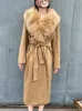 Women's Fur Faux Fur RR1534 Detached Big Fake Fur Collar Wool Blends Coats Womens X Long Loose Winter Wool Jackets Women Belt Tied On Waist Outwear T231215