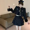 Two Piece Dress Korean Fashion Two Piece Set Temperament Vintage Small Fragrance Women Plaid Tweed Short JacketPleated Mini Skirt Suits Female 231215