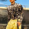 Men's Polos Tops 2023 Korean Style Handsome Men's Fashion High Neck Suede T-shirts Casual Leopard Printed Long Sleeve Camiseta S-5XL Q231215