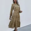 Abiti casual Donna Abito longuette morbido Stampa leopardata A-line con girocollo a vita alta per la moda retrò da donna primavera autunno