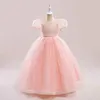 Girl Dresses Pink Short Sleeves Ballgonw Bridesmaid Banquet Long Gown Teenage Graduation Clothes Children Lace Pageant Party