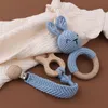 Teethers Toys 1 Set DIY Crochet Rabbit Baby Teether born Bunny Rattle Toy Wooden Molar Teething Ring Pacifier Clips Chain Stuff 231215