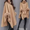 Misturas de lã feminina elegante mulheres casacos de inverno batwing manga fofa jaqueta senhora casaco de lã capa gola de pele de raposa quente ponchos feminino 231214