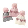 Baretten Liefde Hart Print Gehaakte Baby Wollen Gebreide Mutsen Herfst Winter Meisjes Jongens Outdoor Warme Muts Kinderen Pluche Haarbal Mutsen