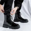 Botlar Moda Fermuar 2023 Erkek Ayakkabı Açık Kalın Sole Orta Top Erkekler İngiliz Tarzı Patent Derisi