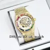 Ny K8F 41mm Automatisk herrklocka 15412 Guldfodral Skeleton Dial rostfritt stålarmband Diamond Bezel Gents Populära klockor