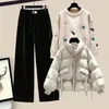 Women's Two Piece Pants Autumn and Winter Three Set Waist Slimming Cotton Coat Embroidered Sweater Matching Set Velvet Corduroy Wide 231214