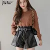 Damenshorts Jielur PU Herbst Winter Damen Shorts Schlanke Hohe Taille Einfarbige Shorts Damen Chic Koreanische Gürtel Leder Kurze Hose S-XLL231215