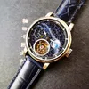 Montres-bracelets Super Mens Automatique Tourbillon Montre Mécanique Cadran Lumineux Voie Lactée 3D Rotation Terre Moonphase Business Montres-bracelets pour hommes