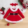 Rompers Suefunskry Baby Girls Christmas Outfits långärmad päls trim sammet romper klänning + pannband set nyfödda xmas kläder 3-24monthsl231114