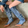 Stiefel MKKHOU Modische kniehohe Damenstiefel, hochwertige Denim-Stiefel, spitze Zehen, breites Rohr, hoher Absatz, hohe Stiefel, Straßenmädchen, 231214