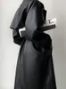 レディースレザーフェイクスーツカラー長袖プーグリーントレンチコート秋の冬シックビンテージブリティッシュスタイルの女性ブラックジャケット231214