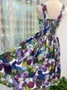 European fashion brand cotton purple floral print gathered waist sleeveless slim fit midi dress