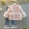Clothing Sets Girls Clothes Suit Girl Cotton Set 2023 Princess Imitation Fur Top Children Plus Fleece Jeans Two piece Winter 231214