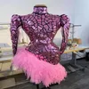 Party Decoration Stage Costume For Singer Women Pink Mirror Långärmad klänning Backless Tight Spets Sexig Prom Birthday Dresses Club 311A