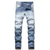 Lila jeans designer jeans mens raka jeans män knä mager rak storlek 30-38 motorcykel trendig lång rak hål high street denim grossist 3542