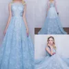 Nouveau design bleu ciel dentelle robe de soirée de bal 2024 bateau cou perles appliques longue princesse soirée anniversaire robes d'invité robe de soirée