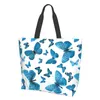 Einkaufstaschen, blaue Schmetterlinge, wiederverwendbar, weiße Tragetasche, schöne Kunst, Schulter, lässig, leicht, großes Fassungsvermögen