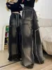 Damesbroeken Amerikaanse retro gewassen zwarte lange broek Baggy elastische taille Veters met wijde pijpen Koreaanse mode Y2k streetwear gothic