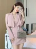 Tvådelad klänning Autumn Pink Two Piece Dress Set Women Blazer Coatstrap Dress Set Female Casual Korean Fashion Slim Elegant Dress Suit Dräkt 231215