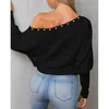 Women's T Shirts Spring Tees Shirt Fashion Beading Bat Long Sleeve One Shoulder Casual Loose Black Tshirt Women Streetwear Femme Punk