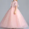 Vestidos de menina princesa bola primeira comunhão elegante rosa anjo tule renda pena vestido flor crianças surpresa presente de aniversário