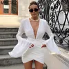 Urban Sexy Dresses Deep V-Neck Flare Sle Mini Dress Wrap Ruched BodyCon Short Dress Elegant White Short Party Prom Dresses for Womenl231215