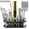 Outils de bar 1-22pcs noir rose or cocktail shaker ensemble barman kit avec mélangeur muddler verseur support recette en acier inoxydable bar shakers 231214