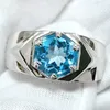 Cluster Rings Men's Real Blue Topaz Ring 925 Silver 7.5mm Lucky Gemstone 6-prong December Birthstone Birthday Gift R515BTN