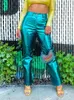 Kadın Pantolon Moda Metalik Bol kadınlar Köpüklü Pu Deri Yüksek Bel Düz Pantolonları Sokak Giyim Yansıtıcı Günlük
