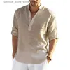 Polo da uomo Nuovo 2023 Camicia a maniche lunghe in lino da uomo Tinta unita Camicia casual in cotone e lino Top Taglia S-5XL Q231215