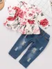 Kleidungssets 2-teiliges Baby-Kleidungsset mit niedlichem Blumendruck und Rüschen, langärmlig, Denim-Hose, Babykleidung für Herbst und Winter, R231215