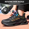Segurança de fivela rotativa para tênis de trabalho feminino respirável aço toe sapatos de segurança à prova de punctura botas masculinas 231215